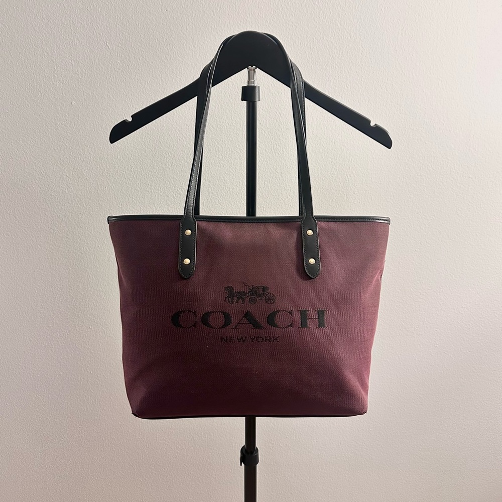 Coach C0671 Burgundy Canvas Logo Carriage Tote Bag